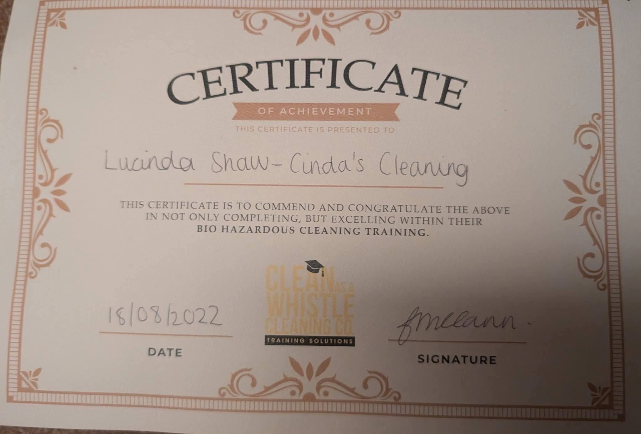 Bio hazardous cleaning training achievement certificate awarded to Lucinda Shaw of Cinda's Cleaning