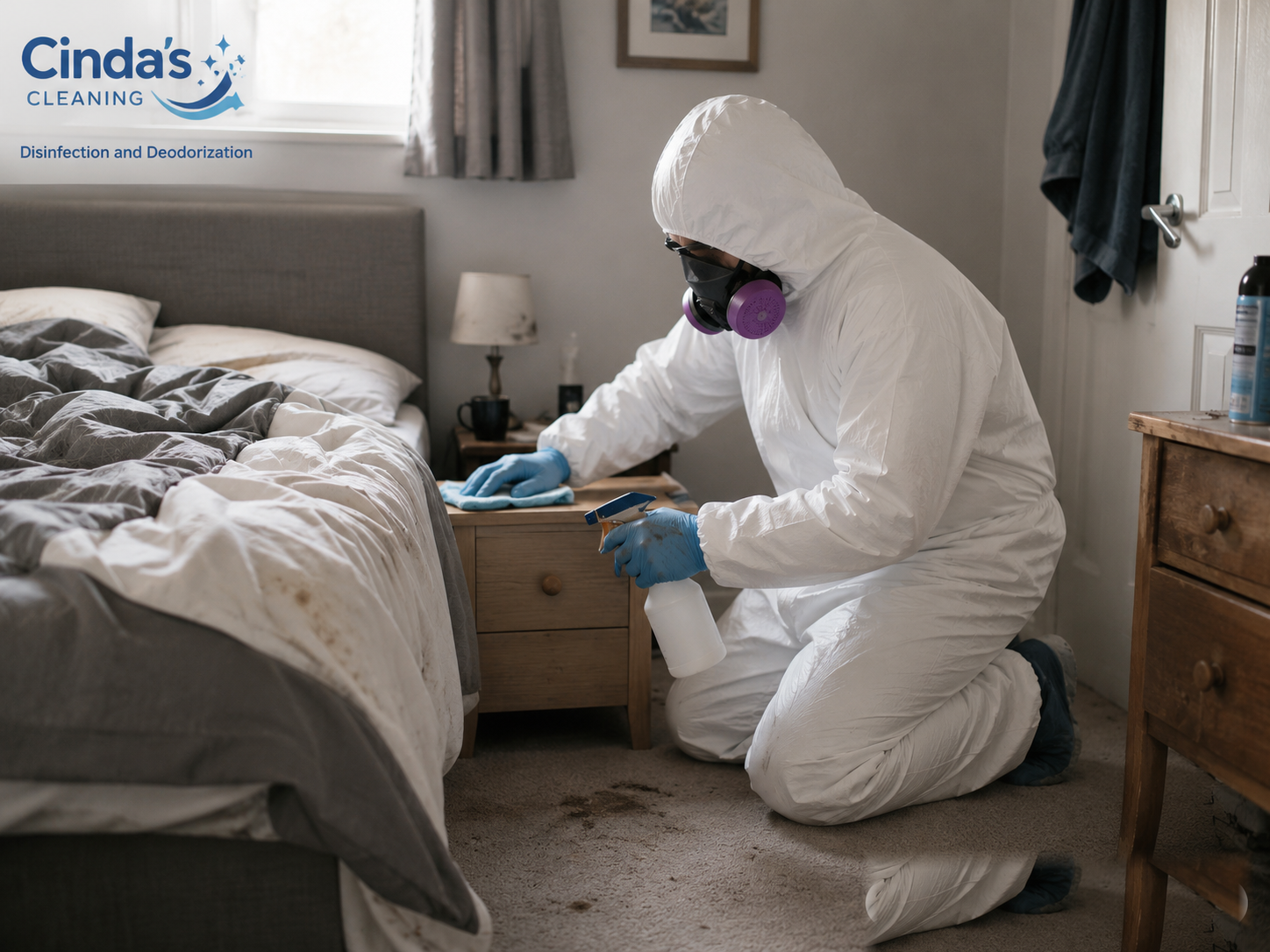 Bedroom disinfection and deodorisation cleaning by a protected technician