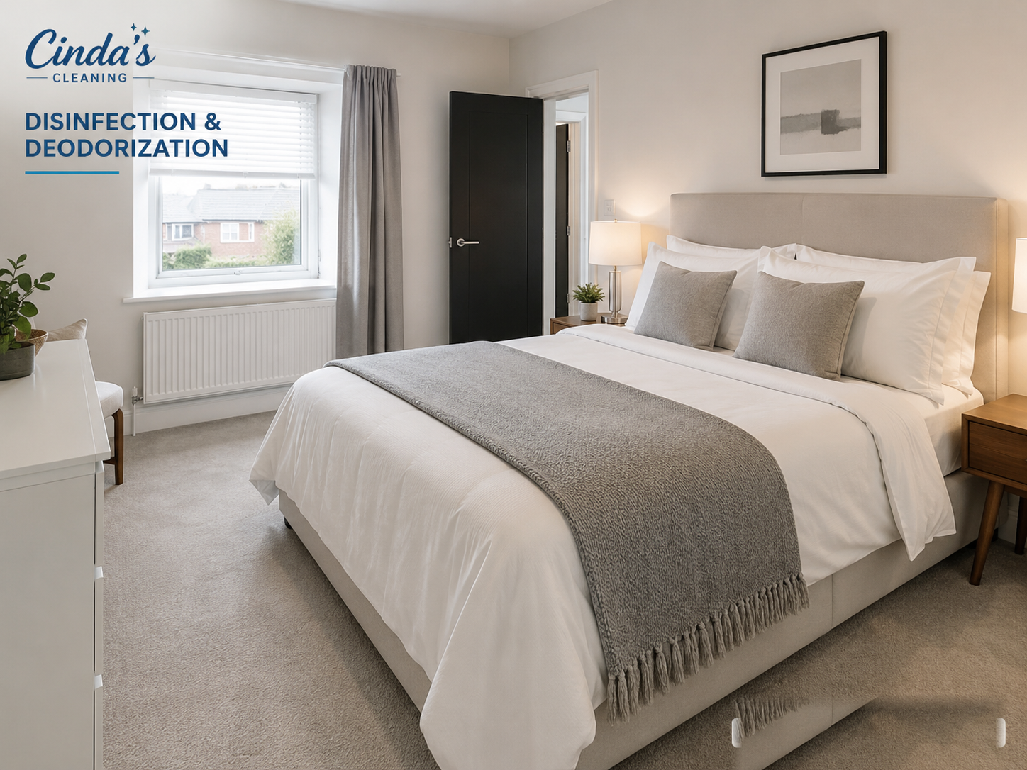 Clean bedroom prepared after disinfection and deodorisation