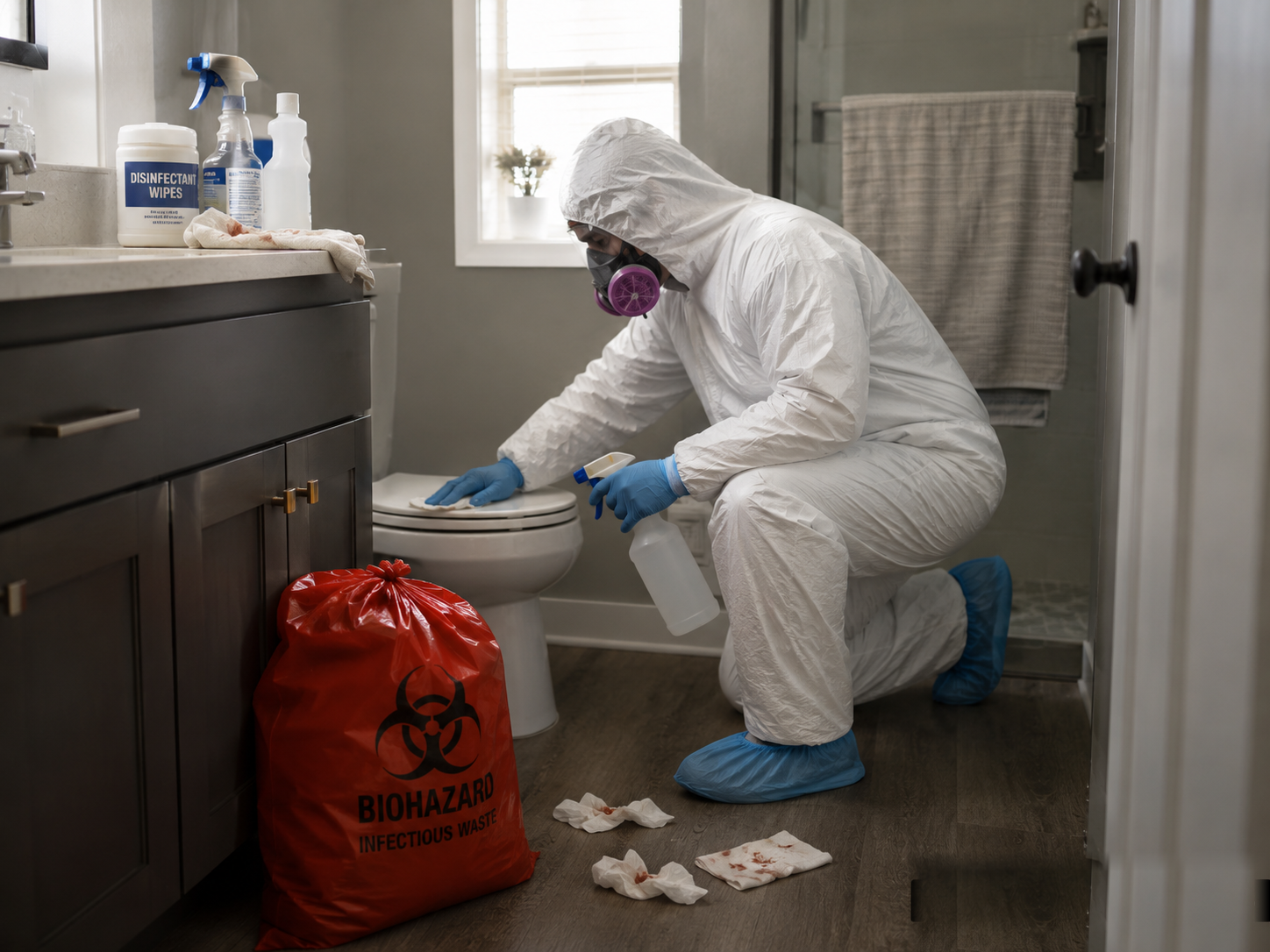 Bathroom bodily fluid cleanup with biohazard waste handling