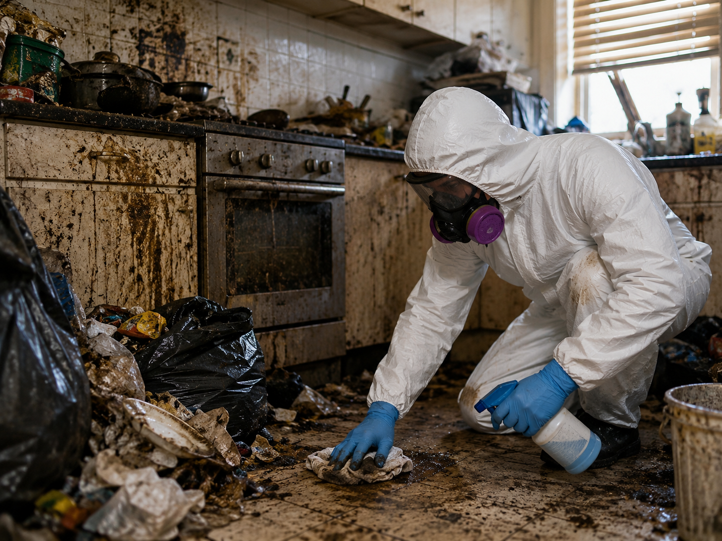 Hoarding cleanup in a heavily contaminated kitchen
