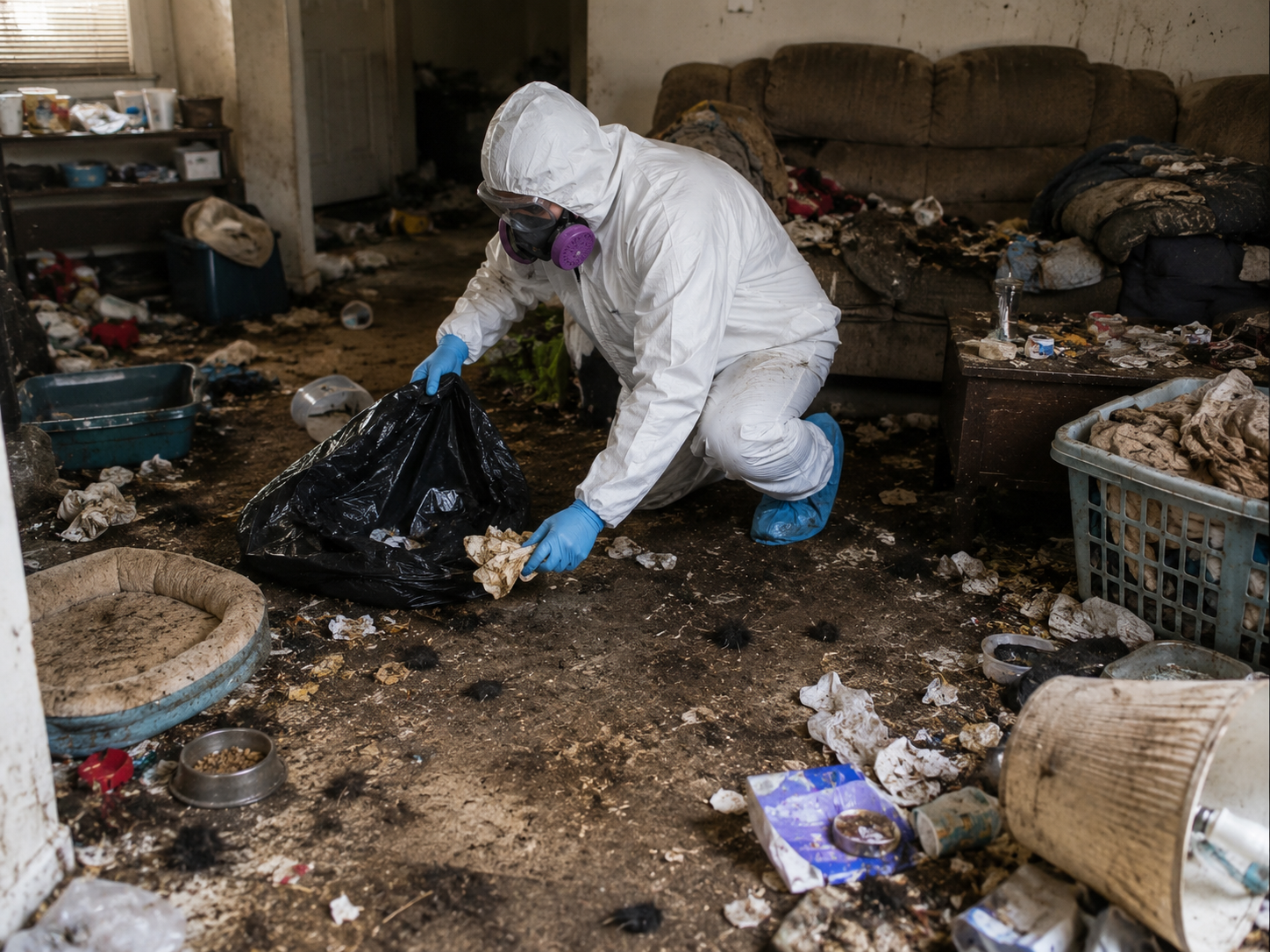 Hoarding cleanup with waste removal in a cluttered living space