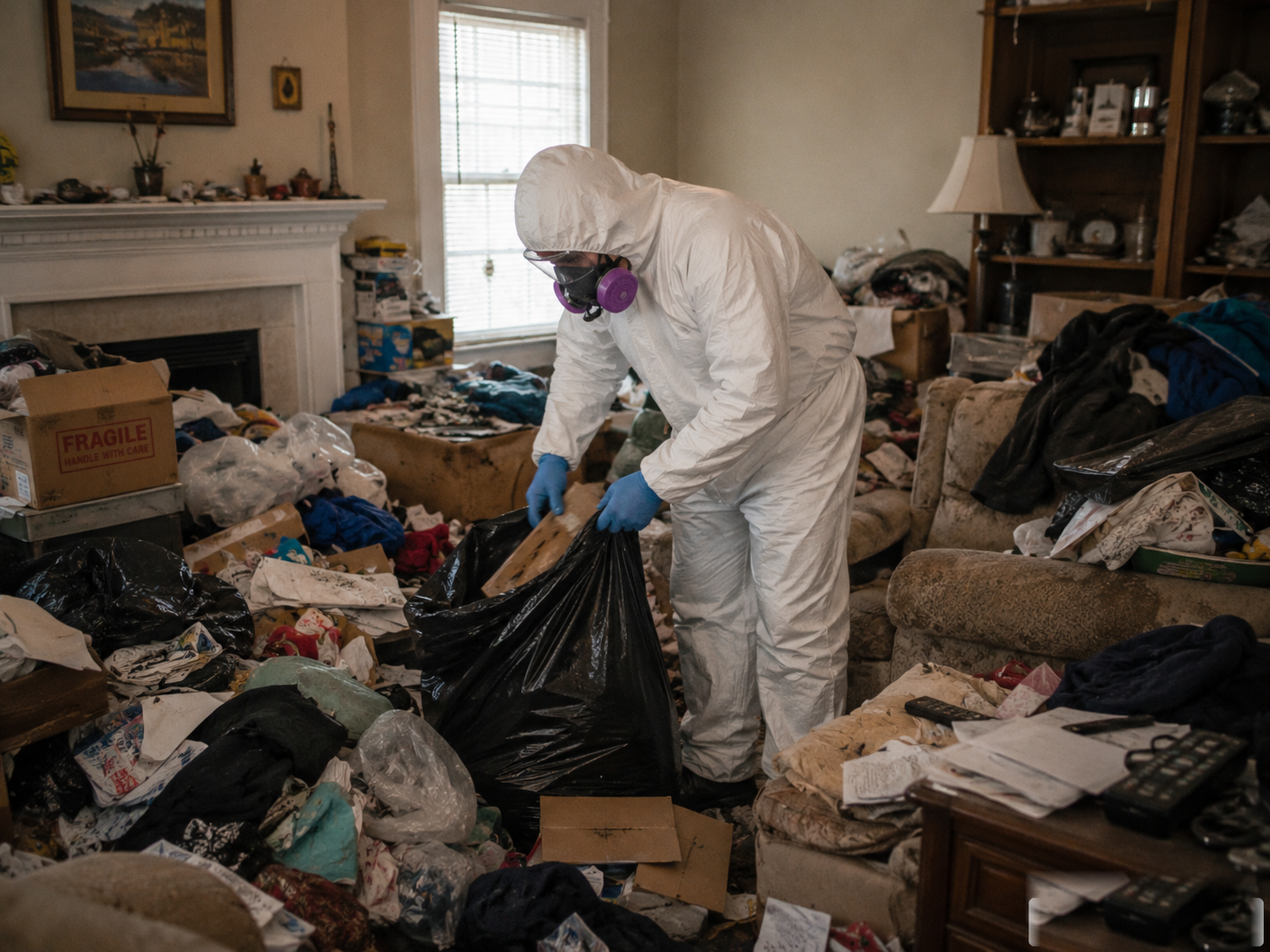 Hoarding waste removal in a cluttered living room