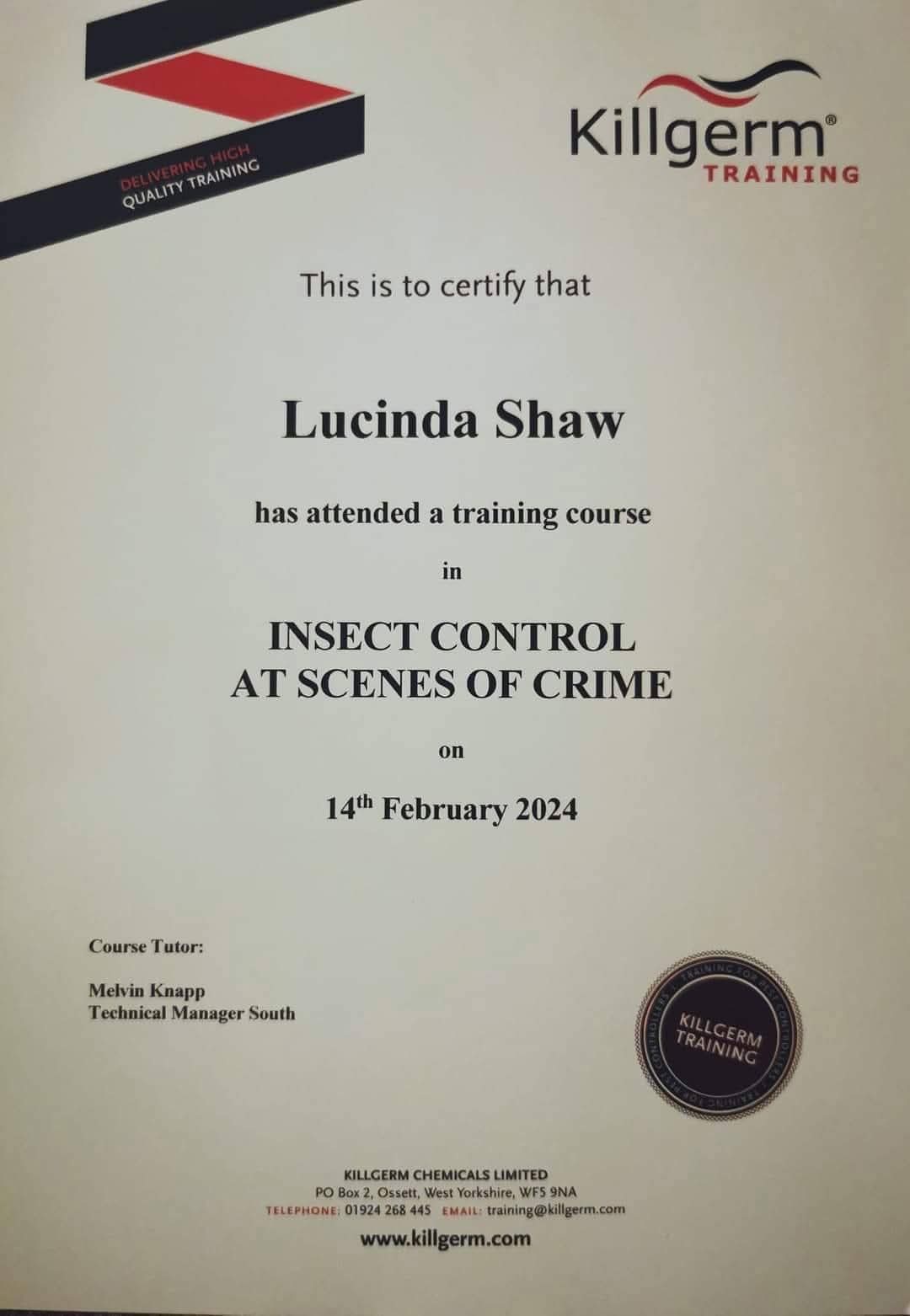 Killgerm Training certificate for insect control at scenes of crime awarded to Lucinda Shaw