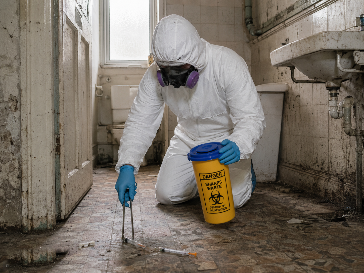 Sharps cleanup in a contaminated bathroom