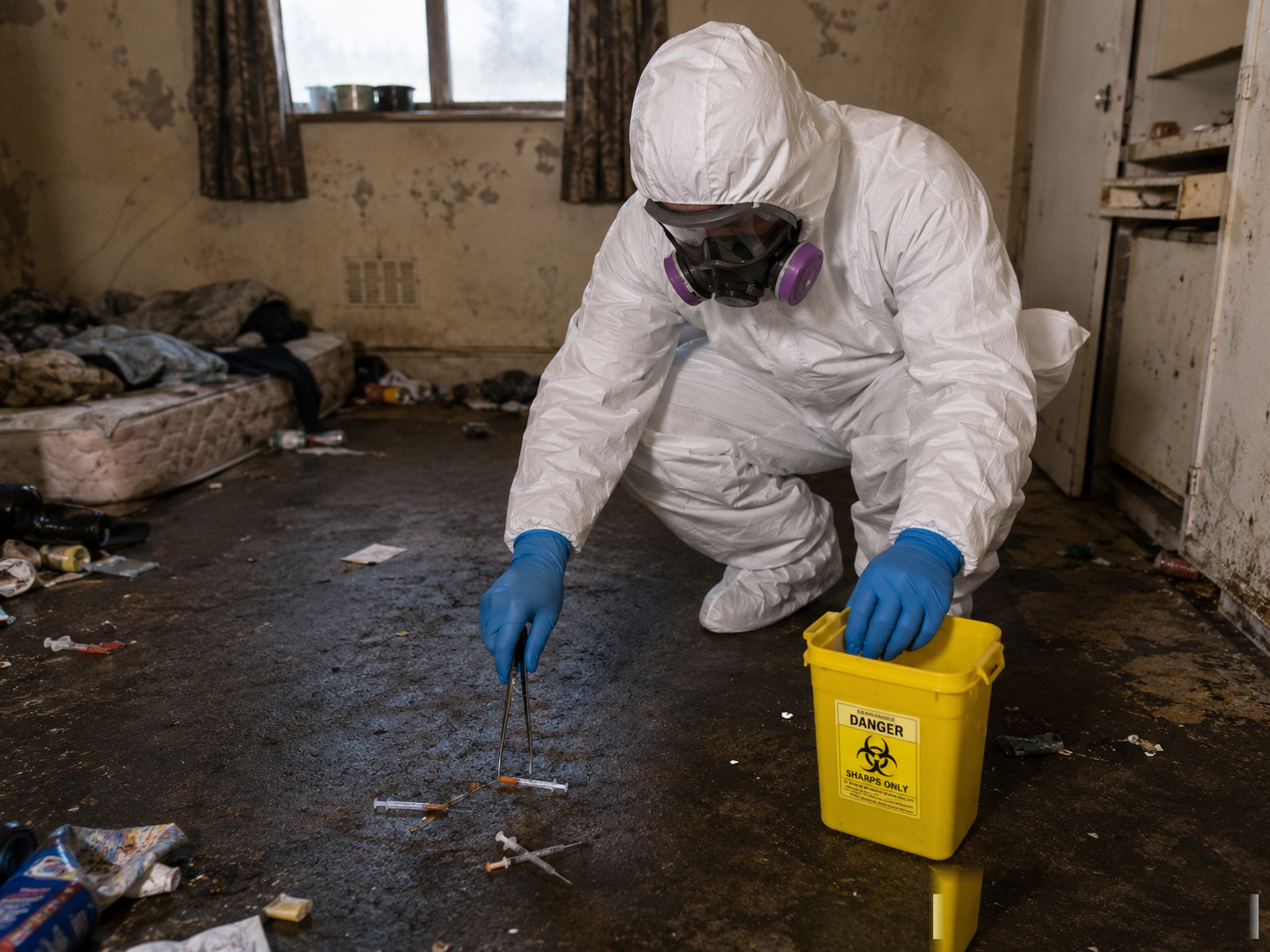 Needle and sharps cleanup in a contaminated room