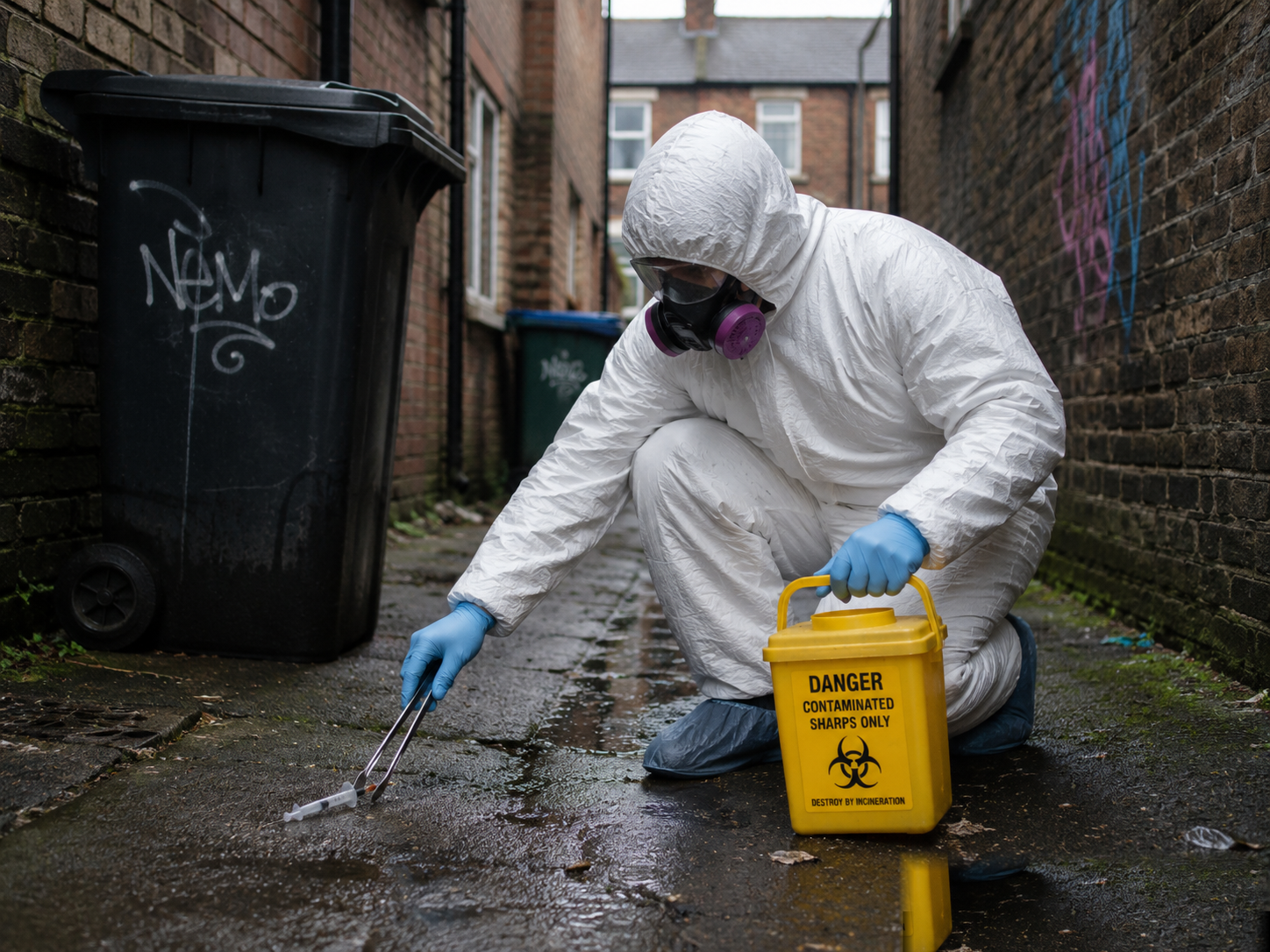 Outdoor contaminated sharps cleanup with safe disposal