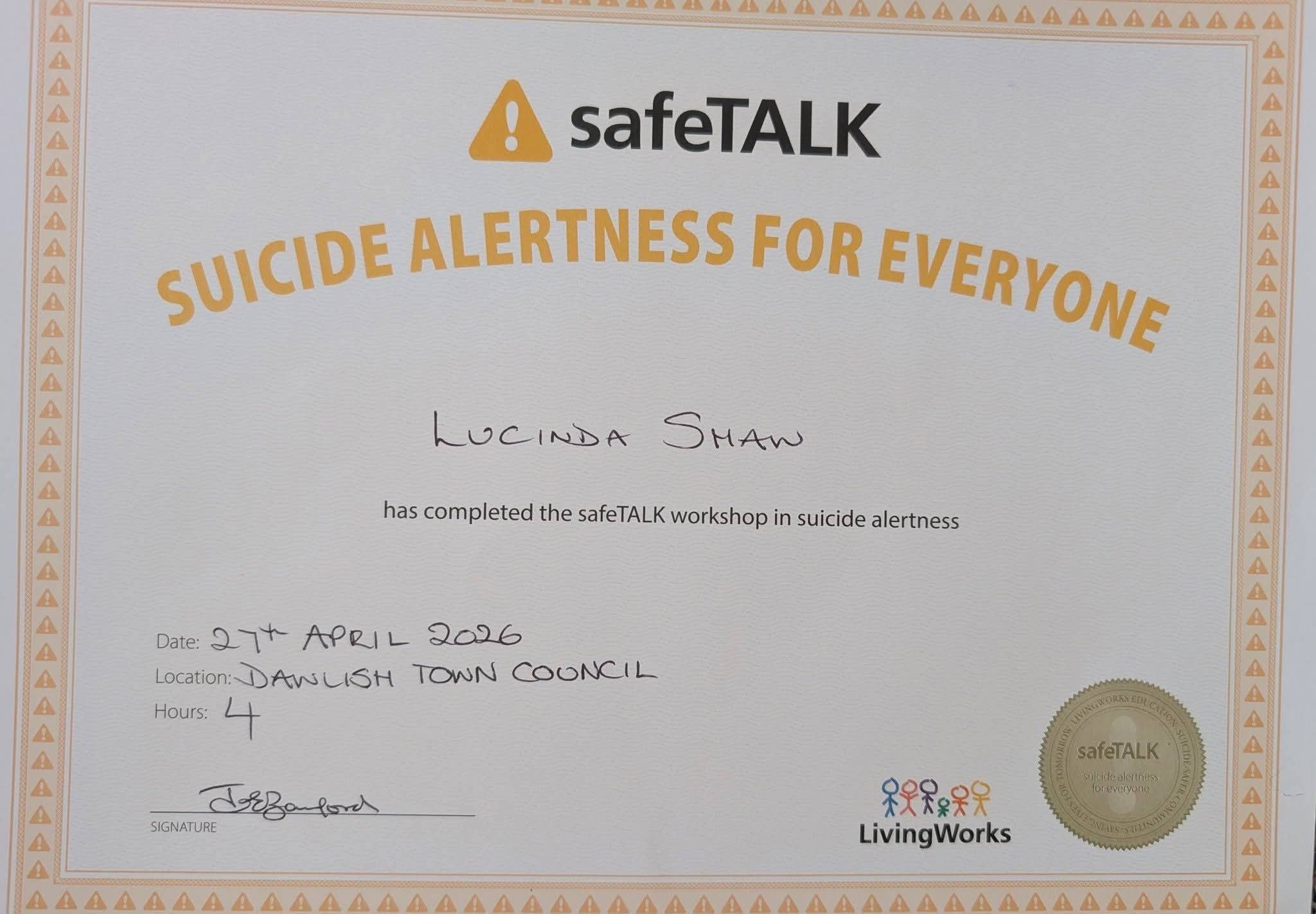 safeTALK suicide alertness certificate awarded to Lucinda Shaw