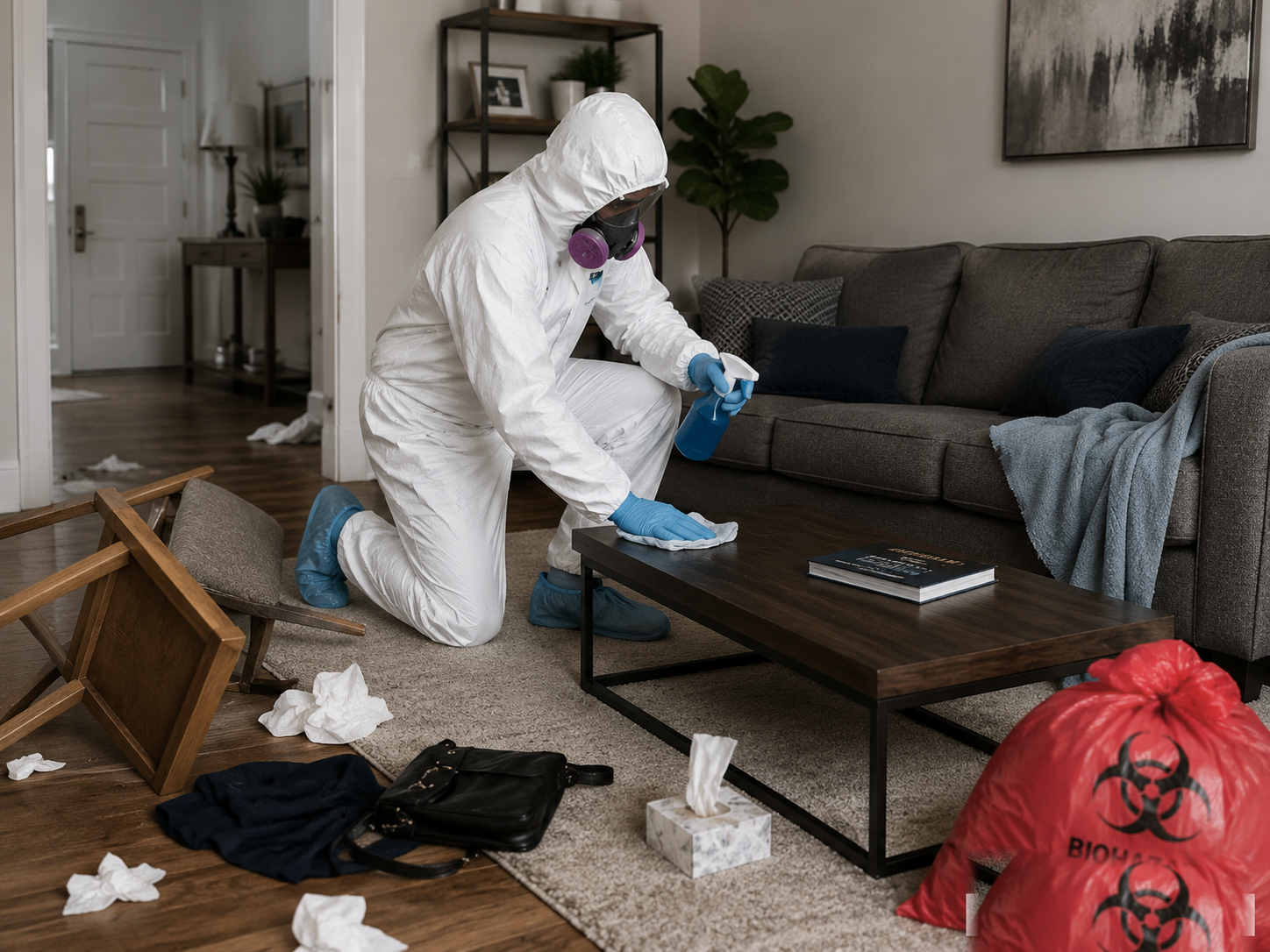 Trauma scene cleanup in a living room with biohazard waste bag