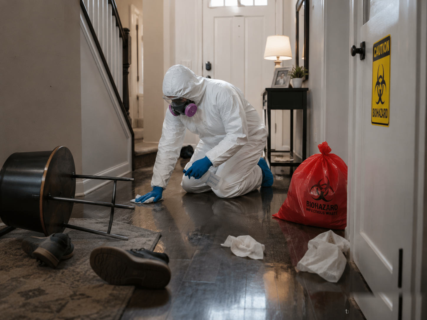 Trauma scene cleanup on hallway flooring