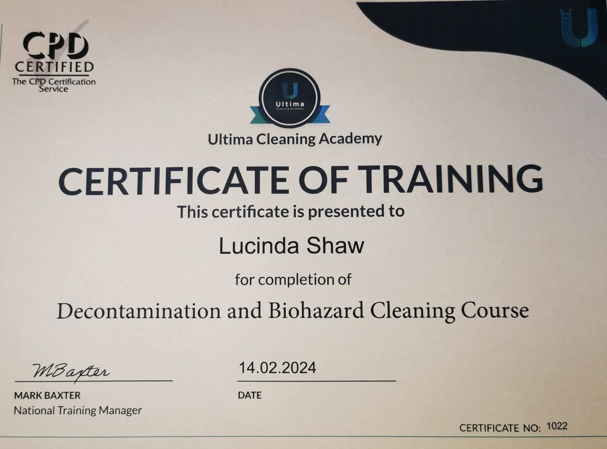 Ultima Cleaning Academy decontamination and biohazard cleaning certificate awarded to Lucinda Shaw