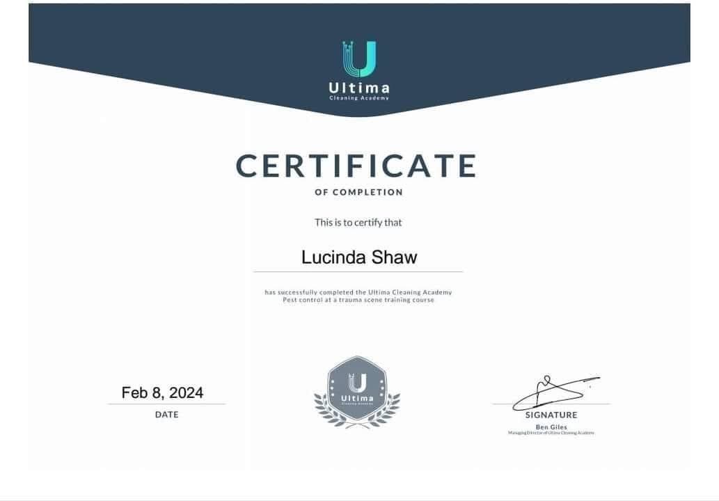 Ultima Cleaning Academy certificate for pest control at a trauma scene awarded to Lucinda Shaw