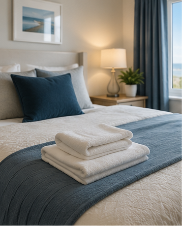 Holiday let bedroom prepared with fresh towels