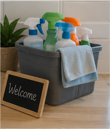 Holiday let cleaning supplies ready for guest changeover